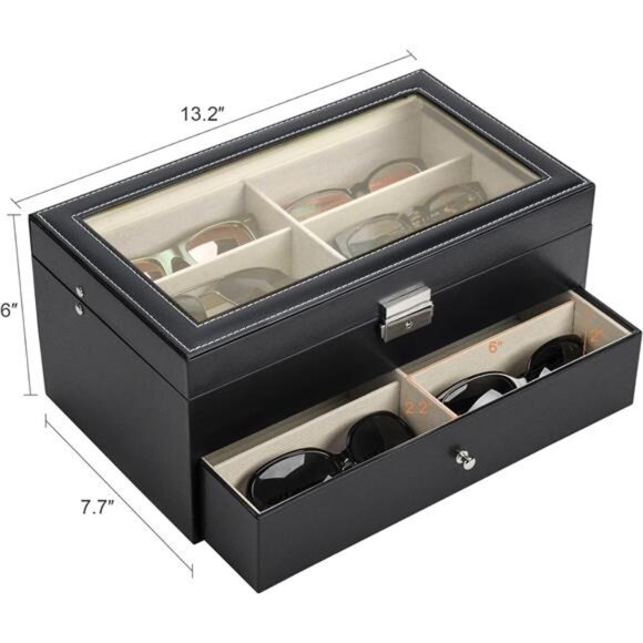Black PU Leather Sunglasses Organizer with 12 Slots,2 Story,Lockable & Dustproof - Picture 2 of 7